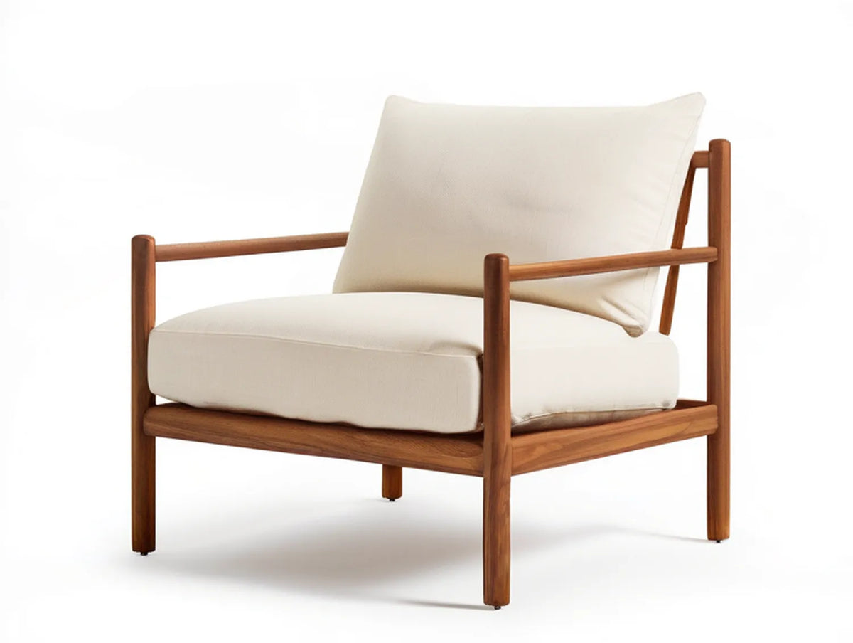 Lounge Armchair with Solid Rubberwood Frame, Cream Polyester Cushions, 30.7 x 31.5 x 33.5 in