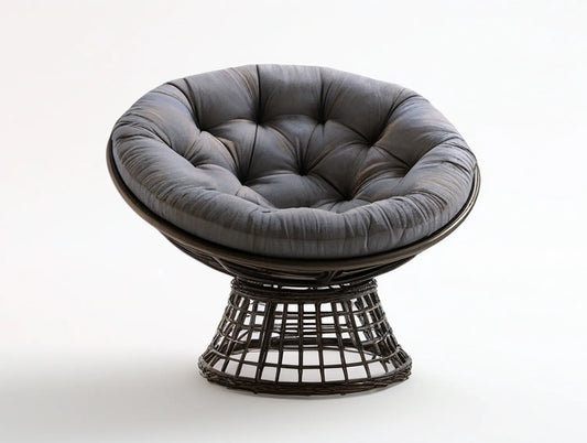 Papasan Chair with Tufted Polyester Cushion and Rattan Pedestal Base, Dark Gray/Dark Brown, 40 x 40 x 35 in