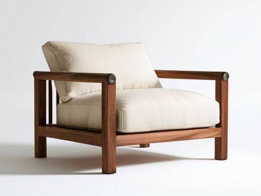 Cream Upholstered Lounge Chair with Dark Brown Solid Rubberwood Frame, 31.5 x 33 x 31.5 in