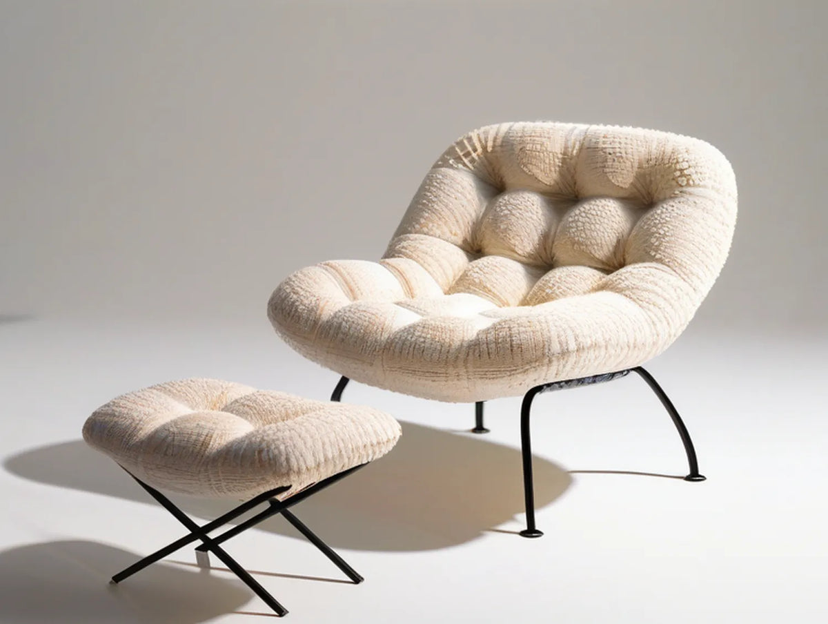 Cream Boucle Lounge Chair and Ottoman Set with Black Steel Frame, 31.5 x 31.5 x 34.6 in