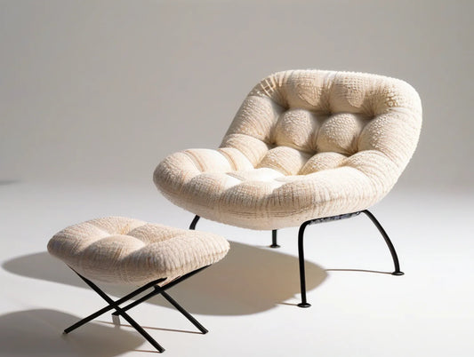 Cream Boucle Lounge Chair and Ottoman Set with Black Steel Frame, 31.5 x 31.5 x 34.6 in