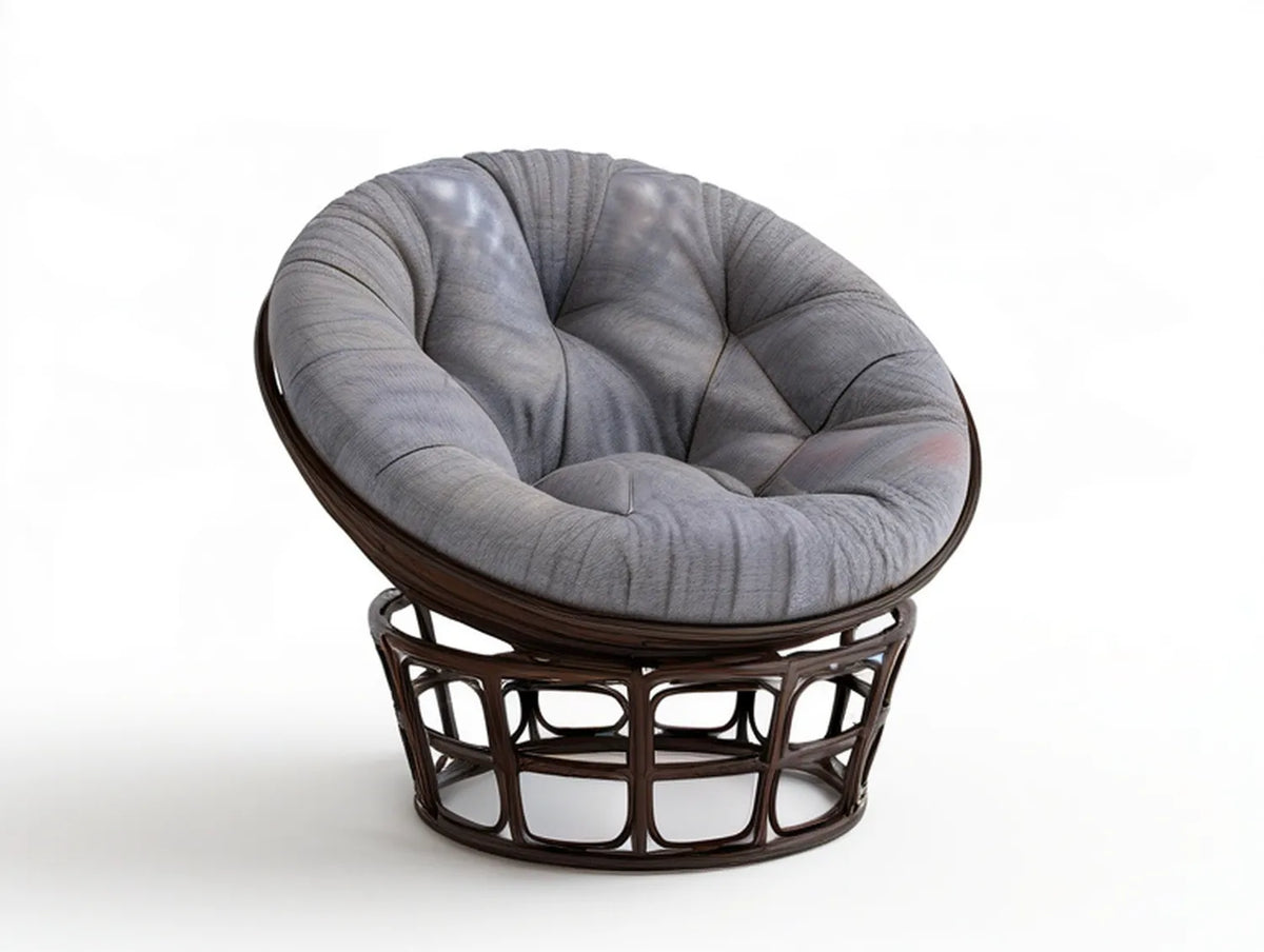 Papasan Lounge Chair with Dark Brown Rattan Frame, Gray Polyester Cushion, 42 in Diameter