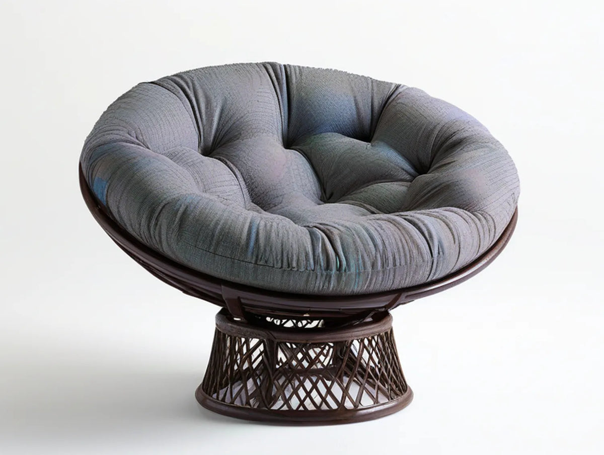 Papasan Swivel Lounge Chair with Gray Polyester Cushion and Dark Brown Rattan Frame, 42 in x 42 in x 35 in