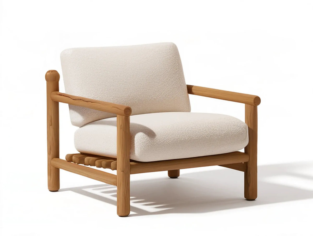 Cream Boucle Upholstered Rubberwood Armchair, 29.5 x 31.5 x 32 in, Natural Brown Frame