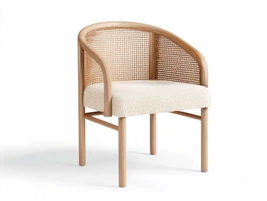 Natural Rubberwood Armchair with Rattan Back and Cream Boucle Seat, 22 x 23 x 31 in