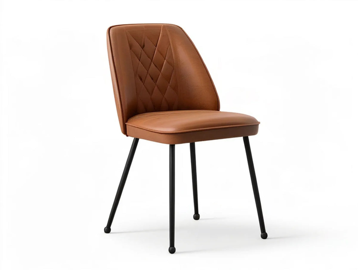 Brown PU Leather Dining Chair with Diamond Quilted Back and Black Steel Legs, 18.1 x 21.7 x 33.5 in