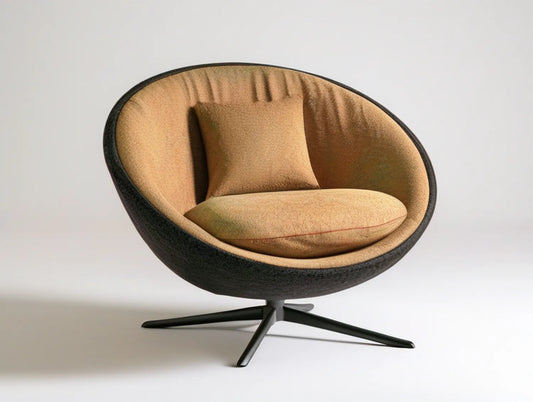 Round Barrel Lounge Chair, Tan and Dark Gray Polyester Upholstery, Black Steel Base, 85 x 80 x 78 cm