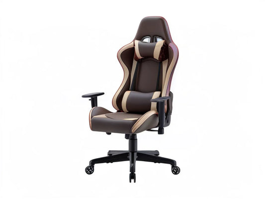 Brown and Beige PU Leather High-Back Gaming Chair with Adjustable Height, 27.6 x 27.6 x 46.5-50.4 Inches
