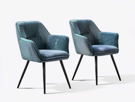Set of 2 Blue Corduroy Dining Armchairs with Black Steel Legs, 22.8 x 24.4 x 33.5 in
